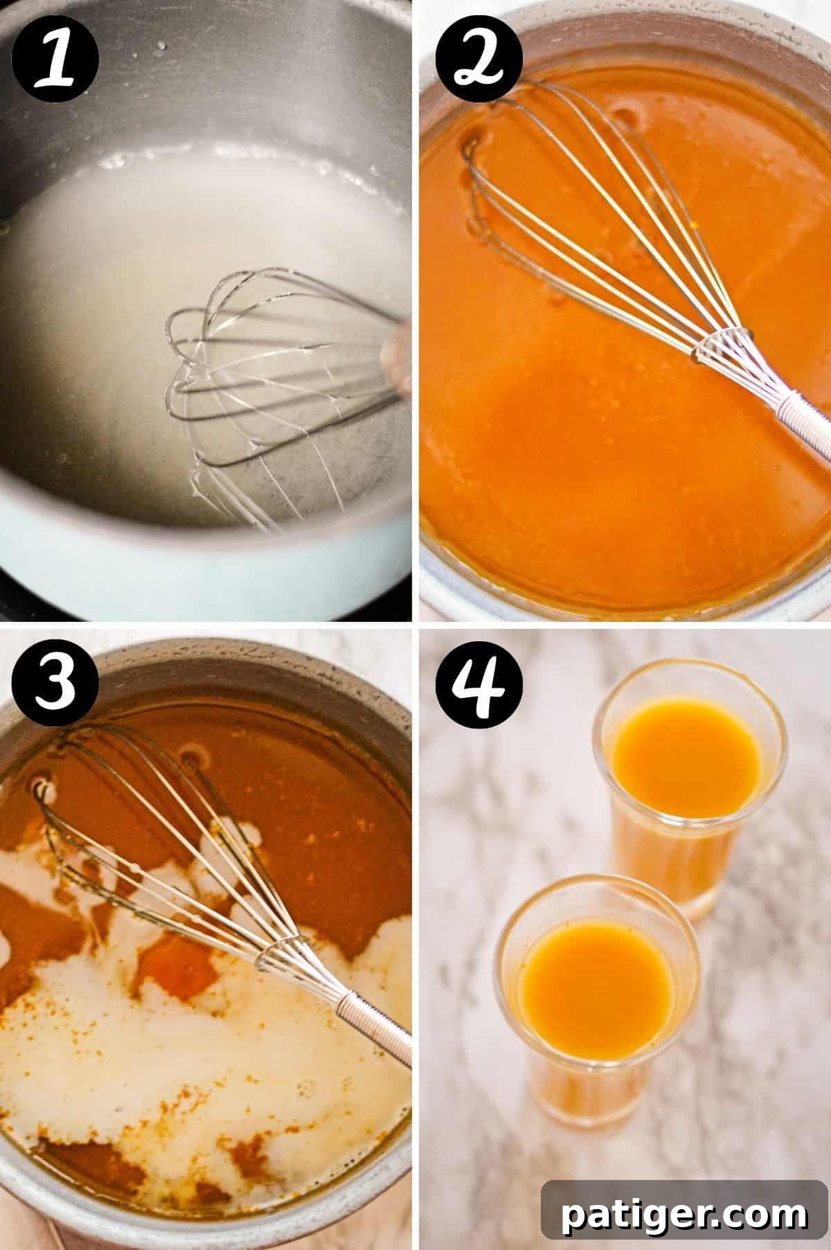 4 image collage: 1 - clear liquid in saucepan with wire whisk; 2 - pumpkin-colored liquid in saucepan with wire whisk; 3 - cream added to pumpkin colored mixture in saucepan; 4 - two filled glass shot glasses