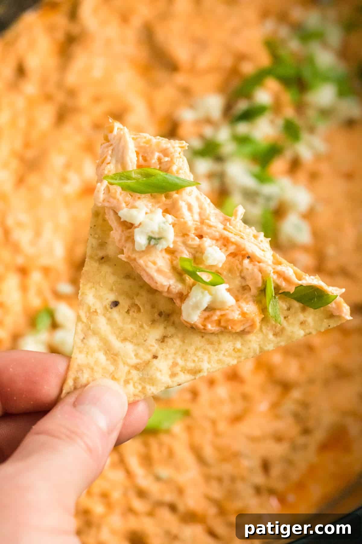 Game Day Crockpot Buffalo Chicken Dip 3 Tortilla chip dipped in creamy buffalo chicken dip with melted cream cheese visible.