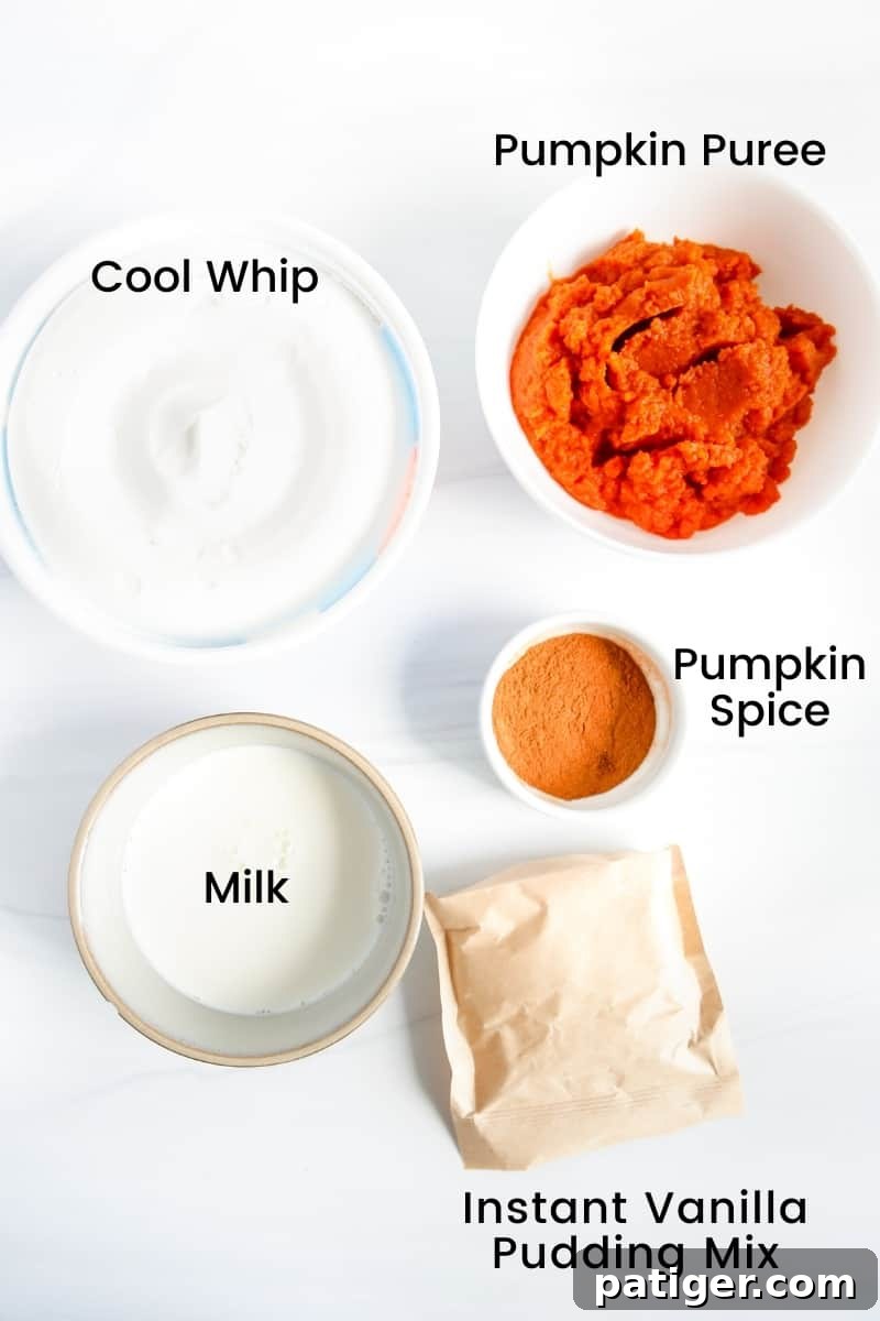 Pillowy Pumpkin Delight 4 All the essential ingredients for Pumpkin Fluff Dip neatly arranged on a countertop: a tub of Cool Whip, a can of pumpkin puree, a box of instant vanilla pudding mix, a glass of milk, and a jar of pumpkin pie spice.