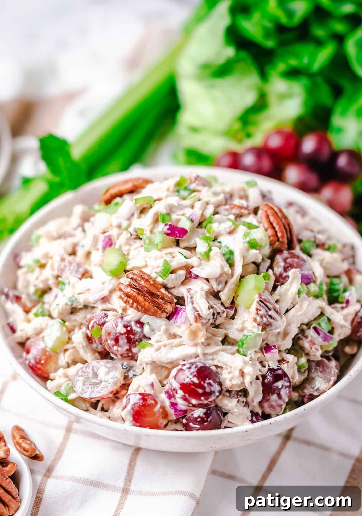 Signature Grape and Pecan Chicken Salad 2 A beautifully presented chicken grape and pecan salad in a pristine white bowl. Behind it, fresh red grapes, crisp celery stalks, and vibrant green lettuce leaves hint at the wholesome ingredients used in this refreshing dish, ready to be enjoyed.