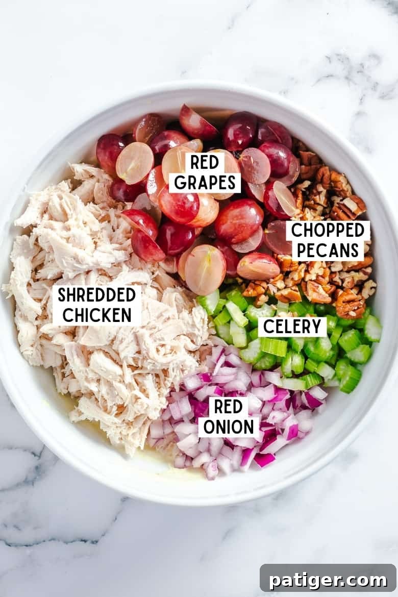 Signature Grape and Pecan Chicken Salad 4 A collection of perfectly prepped chicken salad ingredients in a white bowl: vibrant red grapes halved, neatly chopped pecans, crisp celery slices, finely diced red onions, and tender shredded chicken breasts, all ready to be mixed together.