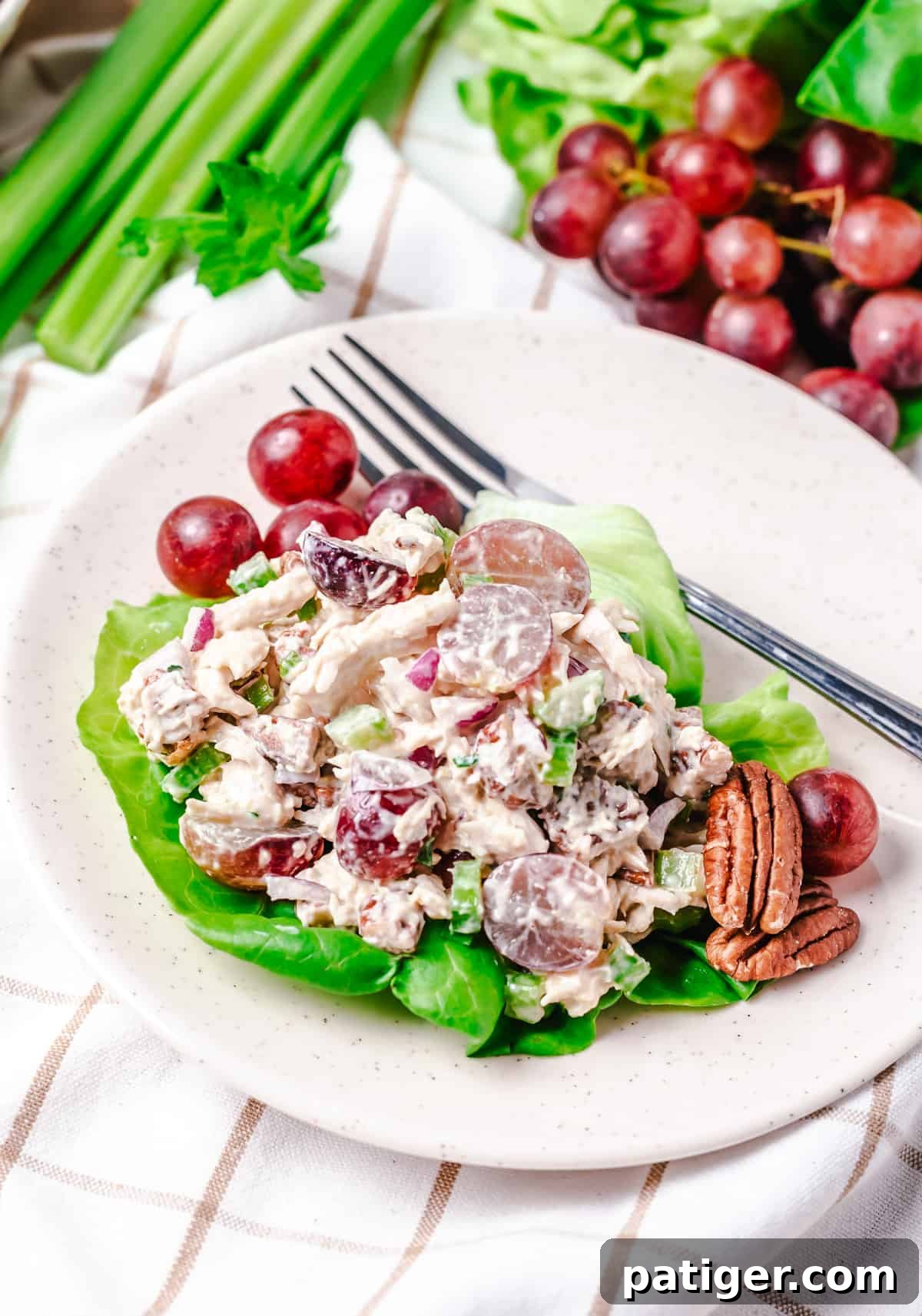 Signature Grape and Pecan Chicken Salad 5 An exquisitely plated chicken grape and pecan salad, artfully arranged on a bed of fresh, crisp lettuce. The salad is garnished with extra halved pecans and a fresh cluster of red grapes, emphasizing its vibrant ingredients and inviting presentation. It's ready to be served and enjoyed.