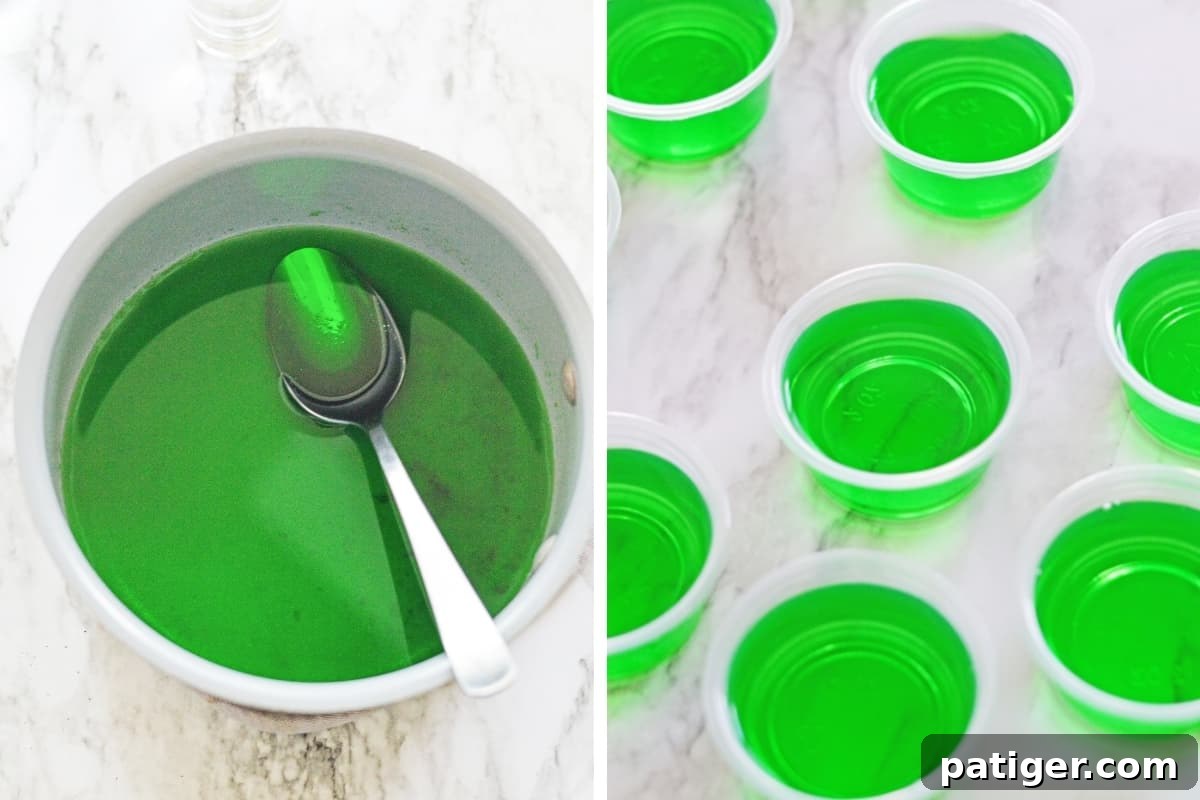 How the Grinch Stole Shots 4 A two-image collage illustrating the process of making Grinch Jello Shots: the left image shows a bowl of bright green liquid jello mixture ready to be poured, and the right image displays several small plastic cups already filled with the green liquid, chilling to set.