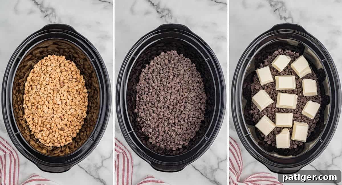 Crockpot candy ingredients layered in a slow cooker: peanuts, chocolate chips, and almond bark.