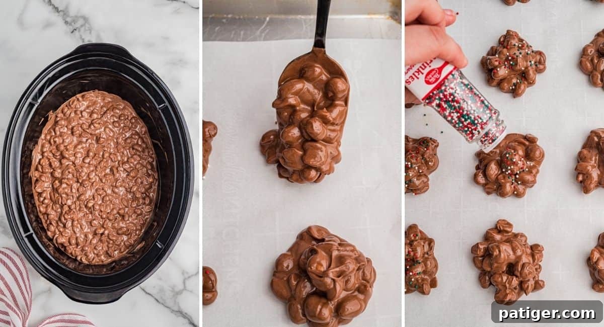 Crock pot Christmas candy being scooped and topped with sprinkles.