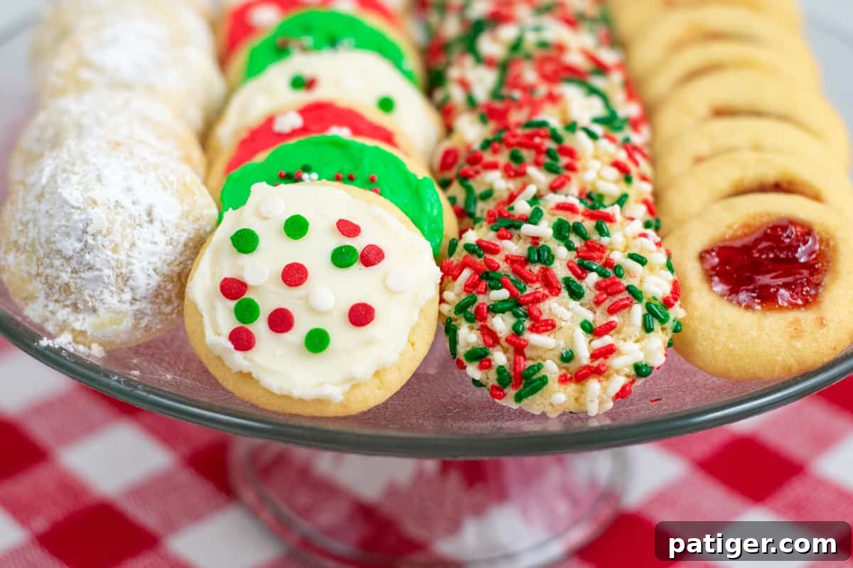 A close-up view of a beautifully arranged Christmas cookie platter featuring an assortment of soft, festive holiday cookies, ready for serving or gifting.