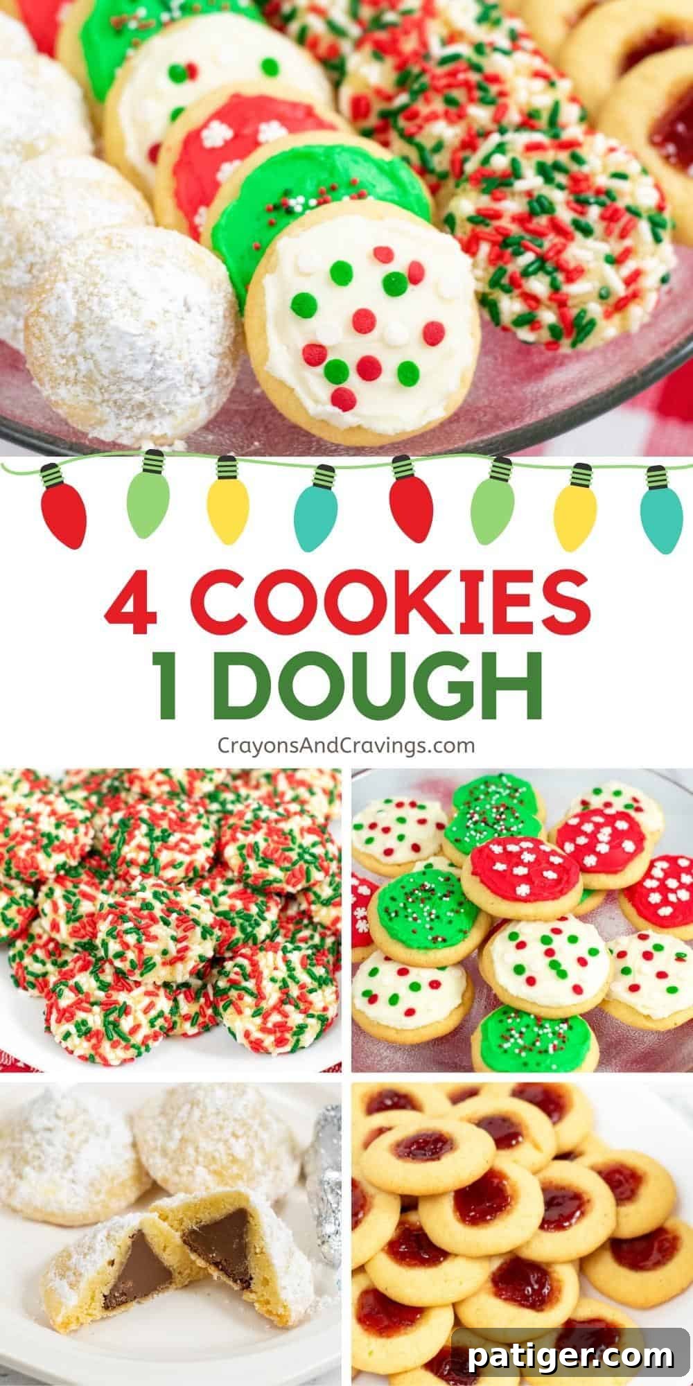 A collage image for Pinterest featuring an assortment of four different Christmas cookies made from one dough, including frosted, sprinkle, thumbprint, and hidden kiss cookies, with text overlay: '4 Cookies, 1 Dough'.