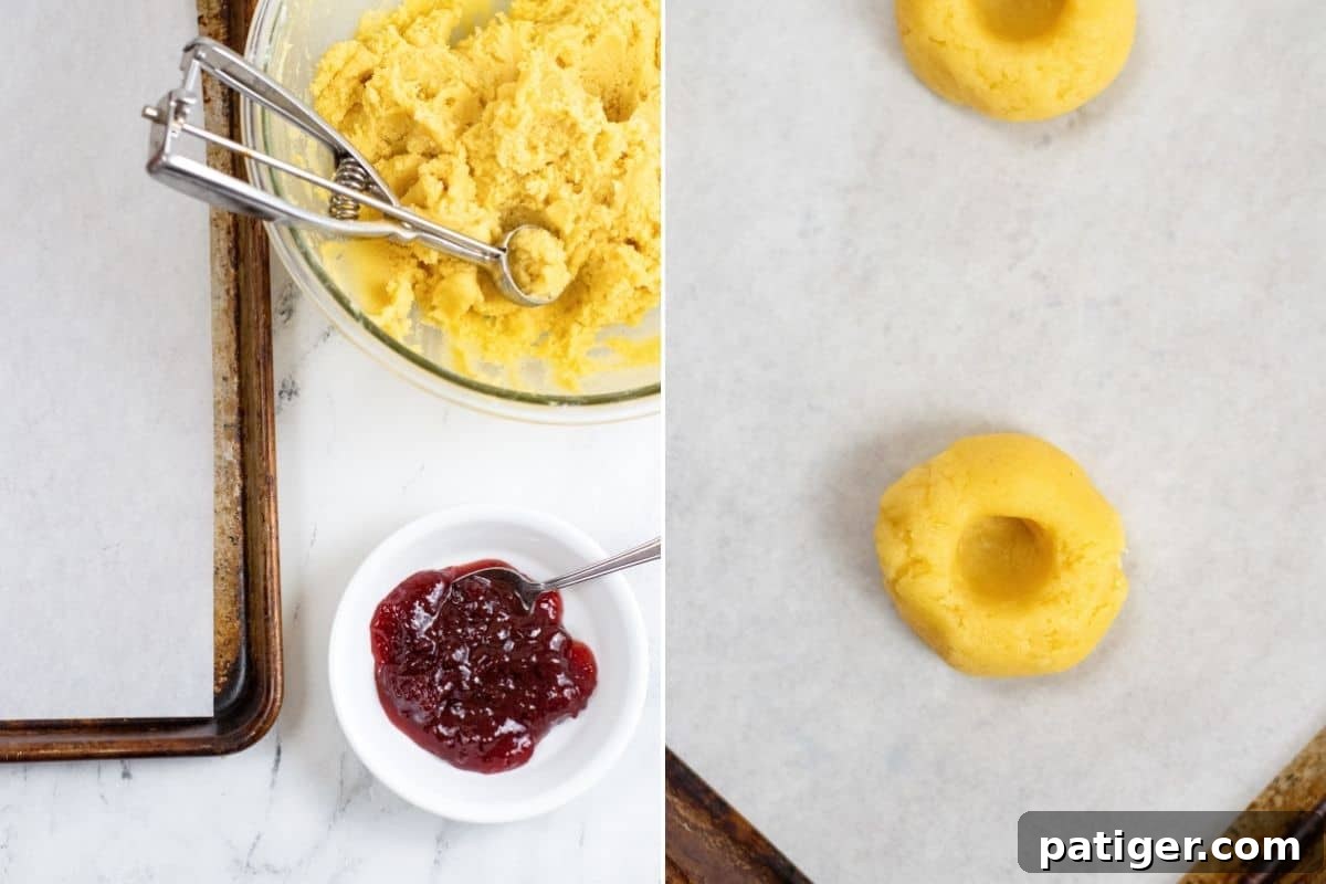 Dreamy Pudding Thumbprints 7 A two-part image showing the preparation: on the left, cookie dough, jam, and a scoop on a baking sheet; on the right, neatly indented cookie dough balls with jam fillings.