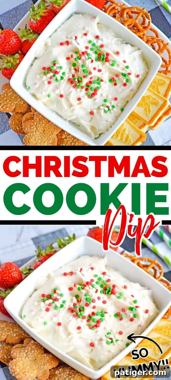 Eye-catching Pinterest image for Christmas Cookie Dip, showcasing the delicious no-bake dessert with festive decorations and dippers, designed to capture attention for holiday recipe searches.