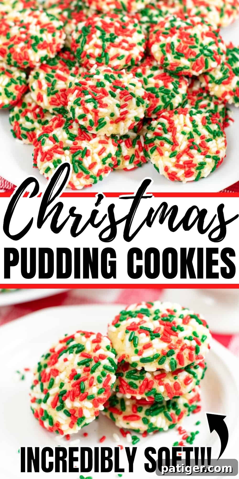 Christmas pudding cookies with sprinkles, incredibly soft (pinterest image)