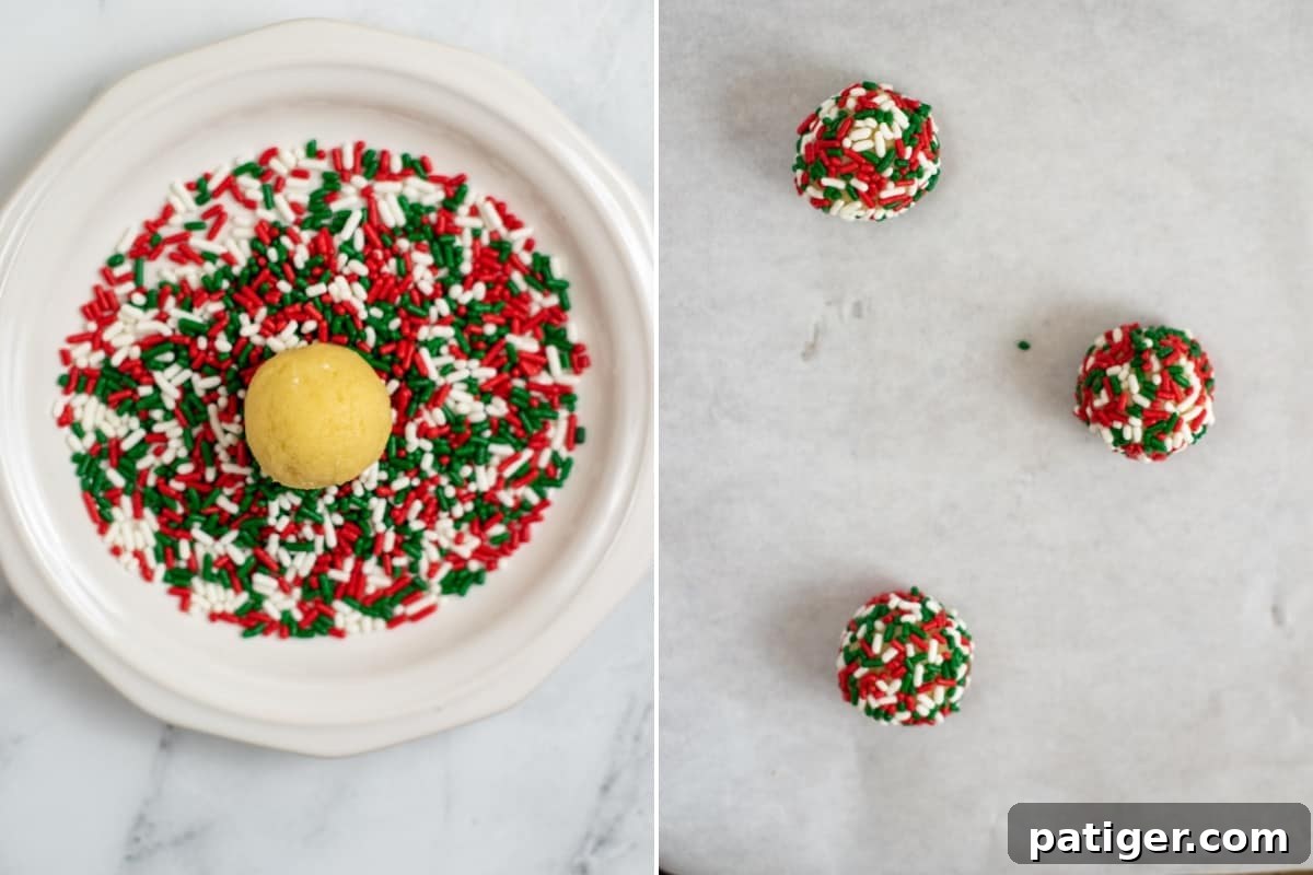 2 image collage. On left: sprinkles on plate with ball of dough in center. On right, sprinkle-covered dough balls on cookie sheet 2 inches apart.