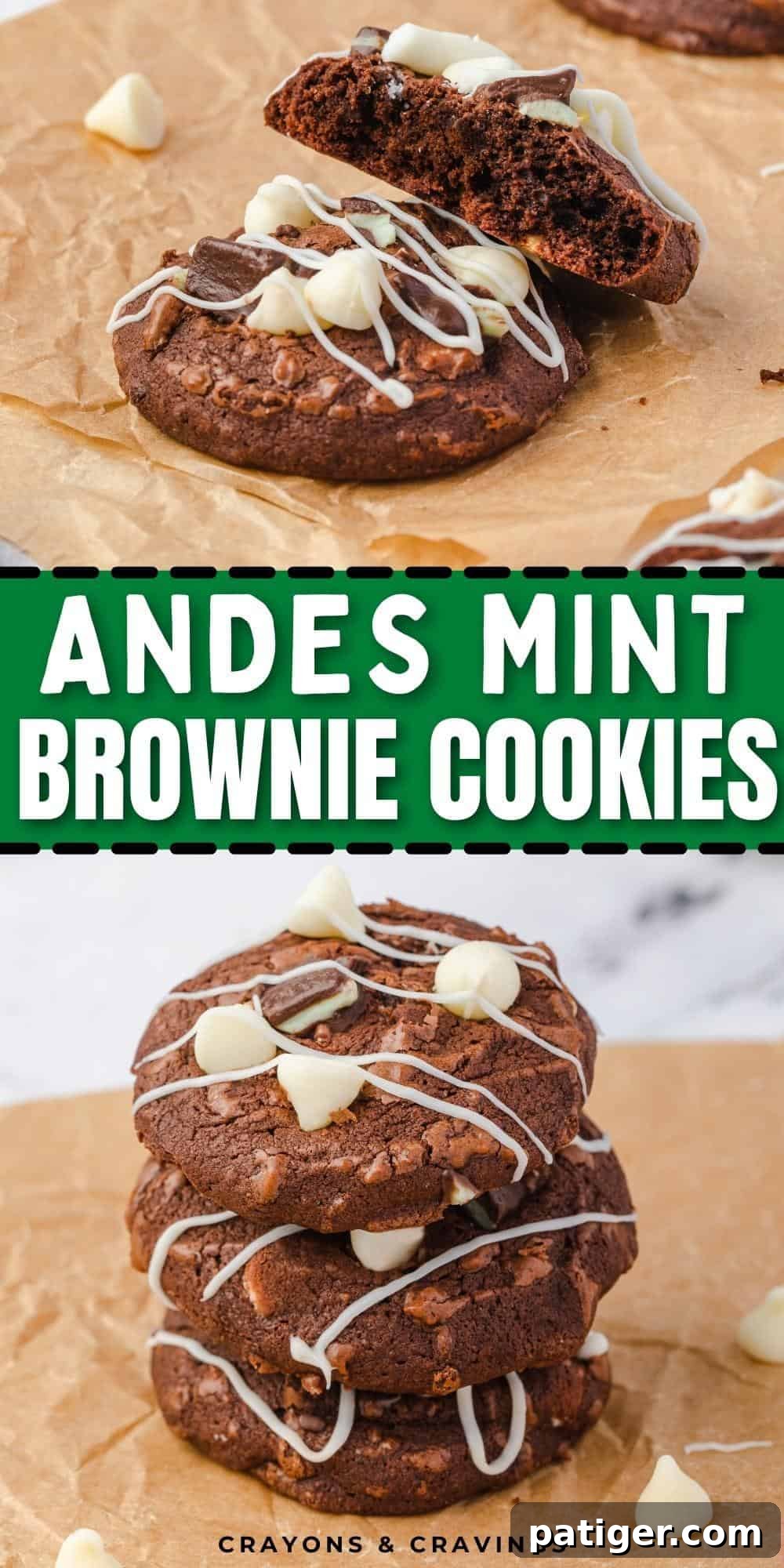 Large Pinterest-friendly image featuring Andes Mint Brownie Cookies with white chocolate chips and Andes mints, highlighting their rich, fudgy texture and deep chocolate flavor, perfect for #mintchocolate and #cookierecipes.