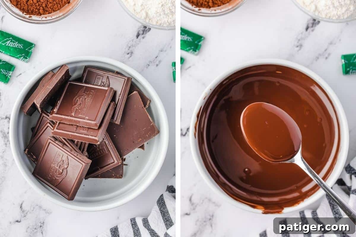 A two-image collage illustrating the chocolate melting process. The left image shows squares of bittersweet chocolate in a bowl, while the right image displays the same chocolate, now smooth and melted, in the bowl.