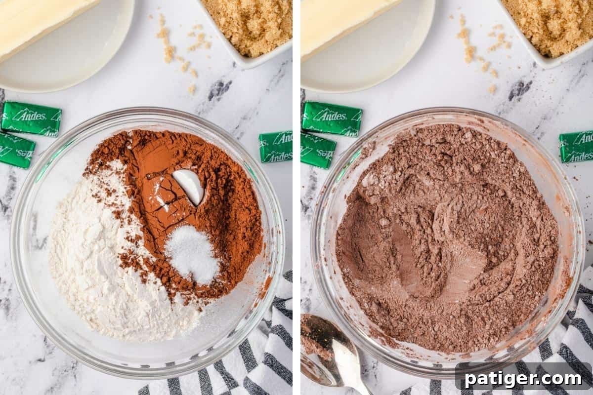 A two-image collage: on the left, flour, cocoa, baking powder, and salt are visible in a small bowl; on the right, the same dry ingredients are shown thoroughly whisked together.