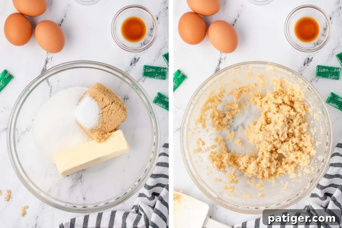 A two-image collage showcasing the creaming process. The left image features softened butter, granulated sugar, and light brown sugar in a mixing bowl, while the right image displays the butter and sugars beautifully creamed together into a light and fluffy mixture.