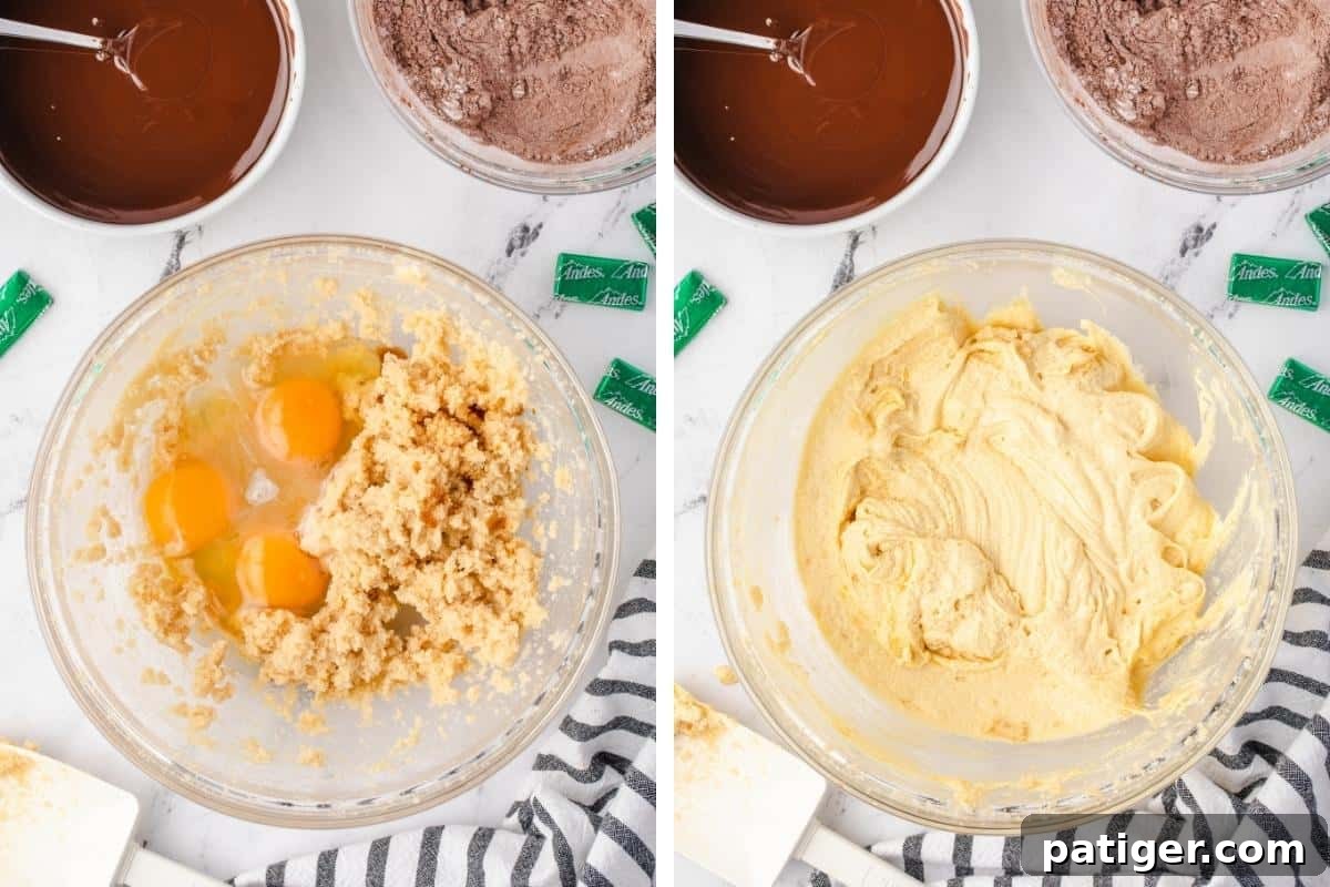 A two-image collage illustrating the addition of wet ingredients. The left image shows eggs, vanilla, and peppermint extract placed on top of the creamed sugar and butter mixture. The right image shows these ingredients fully beaten and well combined into a smooth cookie dough base.