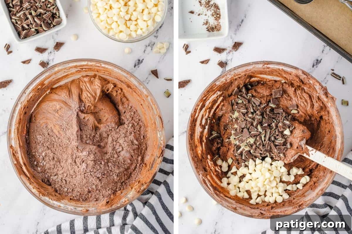 A two-image collage demonstrating dough preparation. On the left, dry ingredients are being gradually added to the wet dough mixture in a stand mixer. On the right, chopped Andes mint pieces and white chocolate chips are being folded into the prepared cookie dough.