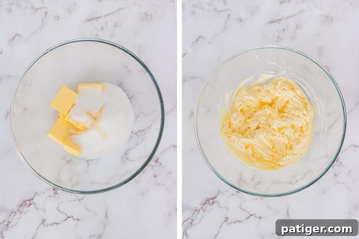 Timeless Christmas Sugar Cookie Delights 5 2 image collage. On left: butter and sugar in glass bowl. On right: Creamed butter and sugar