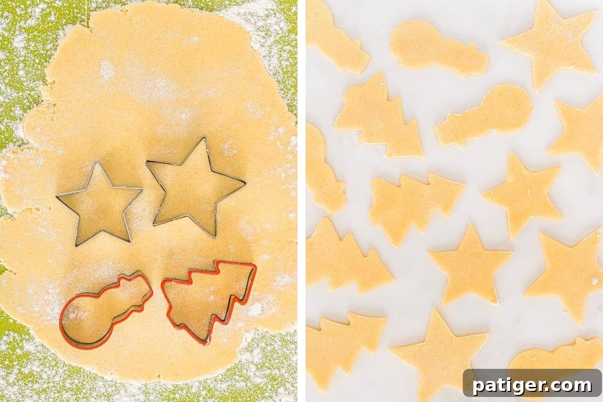 Timeless Christmas Sugar Cookie Delights 8 2 image collage. On left: rolled out sugar cookie dough with Christmas cookie cutters pressed into it. On right, cut cookies on parchment lined baking sheet