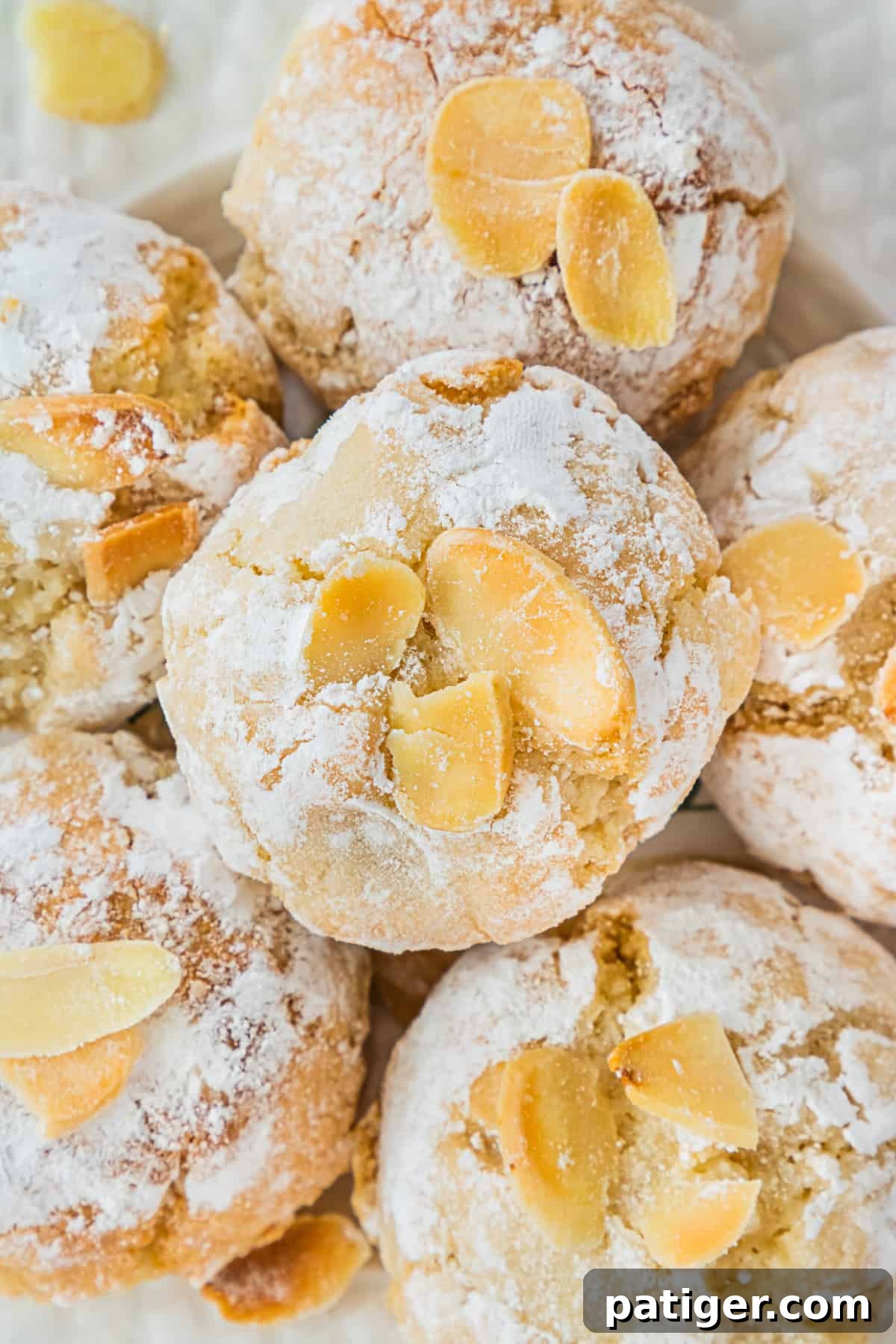 Italian Amaretti Cookies rolled in confectioners sugar and topped with flaked almonds