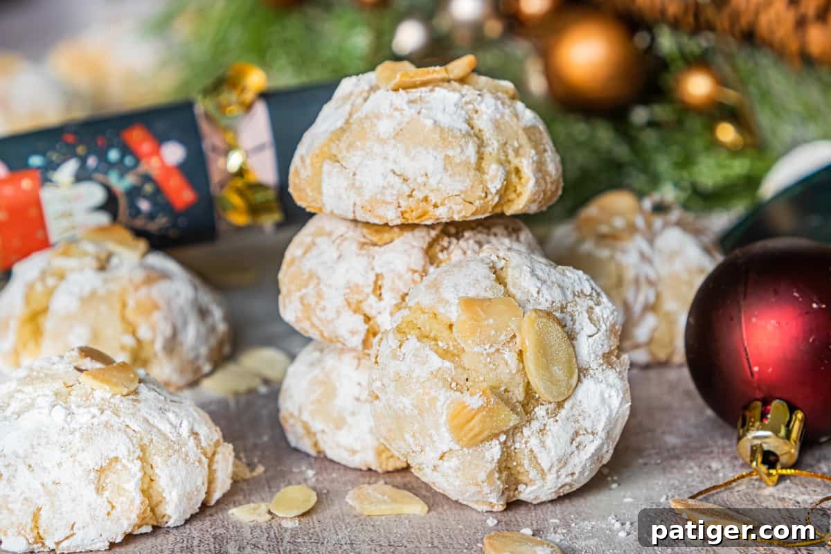 Amaretti Cookies surrounded by Christmas decorating supplies