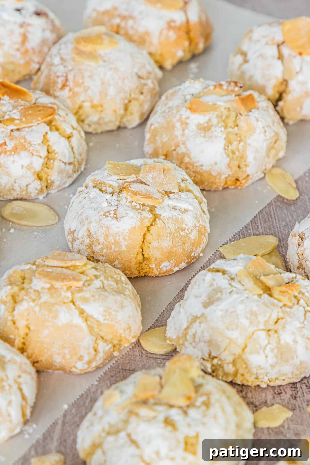 Soft Italian Amaretti Cookies with flaked almonds lined up neatly on parchment paper