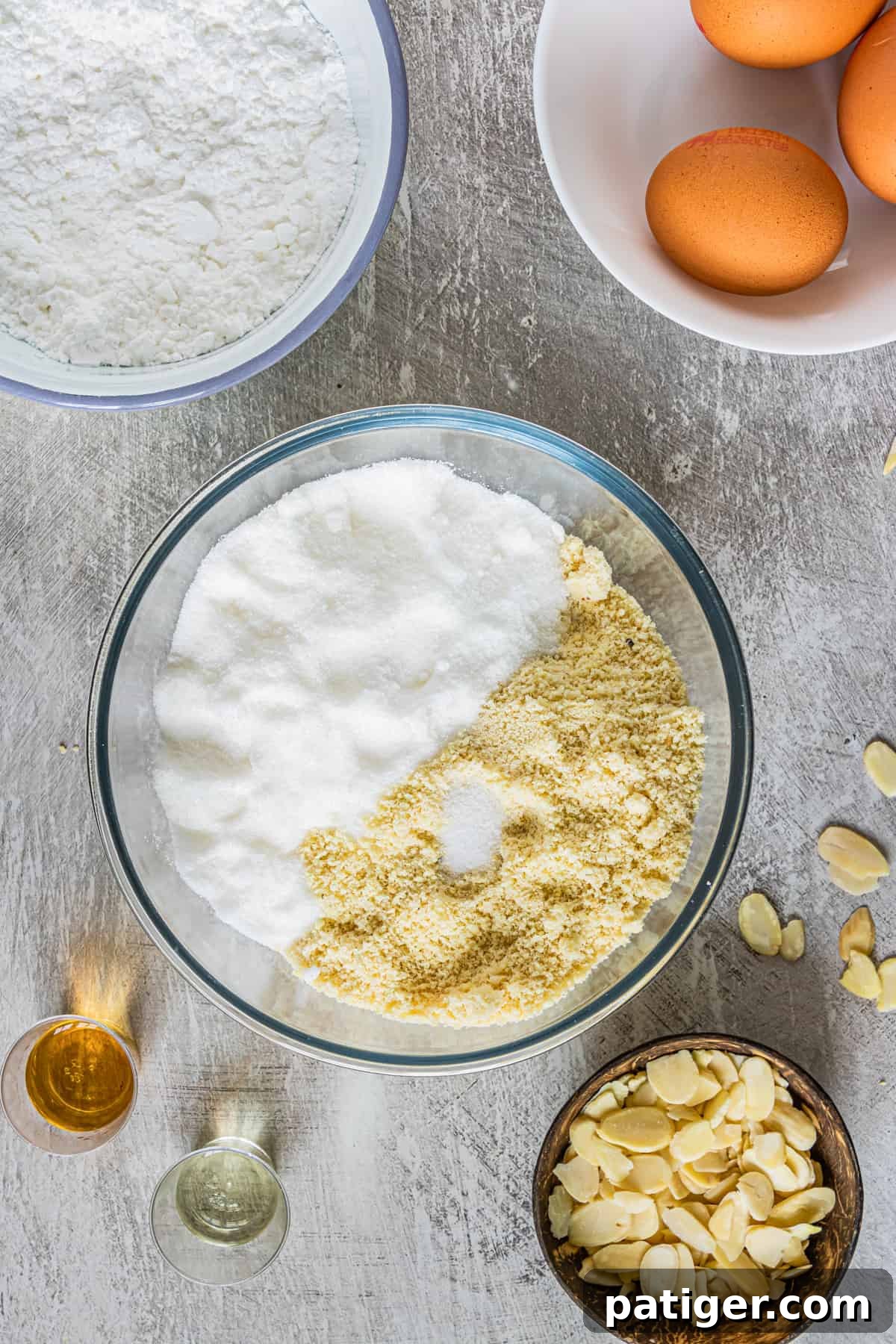 Almond flour, sugar, and salt being combined in a glass bowl.
