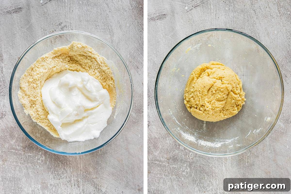 Two image collage. On left: egg whites being folded into dry ingredients in large bowl. On right, cookie dough formed.