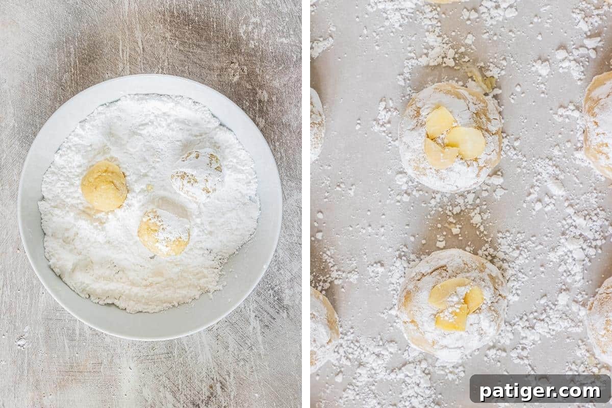 Two image collage: on left, dough balls being rolled in confectioners sugar. On right, dough placed on baking sheet and topped with flaked almonds.