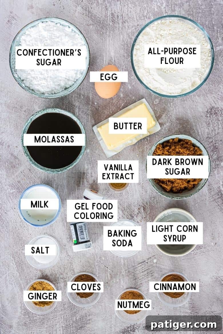 Ingredients for Gingerbread Men Cookies and easy icing on the countertop: confectioners' sugar, all-purpose flour, molassas, egg, butter, dark brown sugar, milk, vanilla extract, gel food coloring, salt, baking soda, light corn syrup, cinnamon, nutmeg, cloves, and ginger