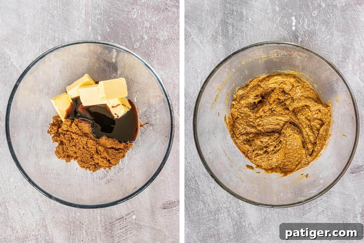 Two image collage. On left: butter, molasses, and dark brown sugar in glass mixing bowl. On right: wet ingredients mixed together.