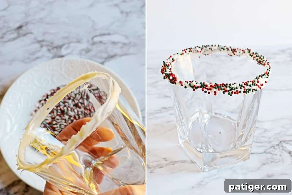 2 image collage: On left, glass with icing on rim over a shallow plate of sprinkles. On right, glass rimmed with sprinkles