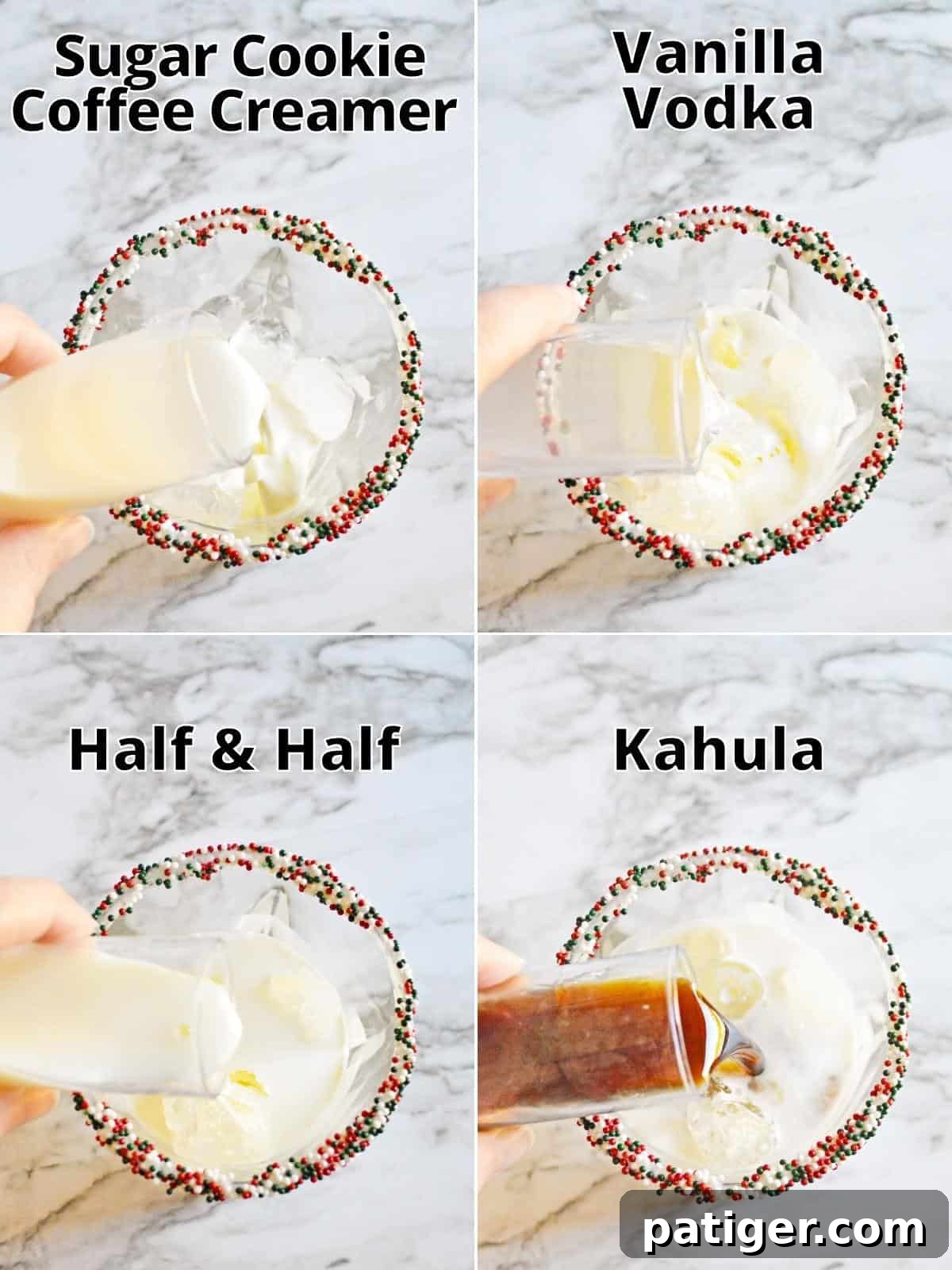 4 image collage of ingredients being poured into sprinkle-rimmed glass filled with ice: sugar cookie coffee creamer, vanilla vodka, half & half, and kahula