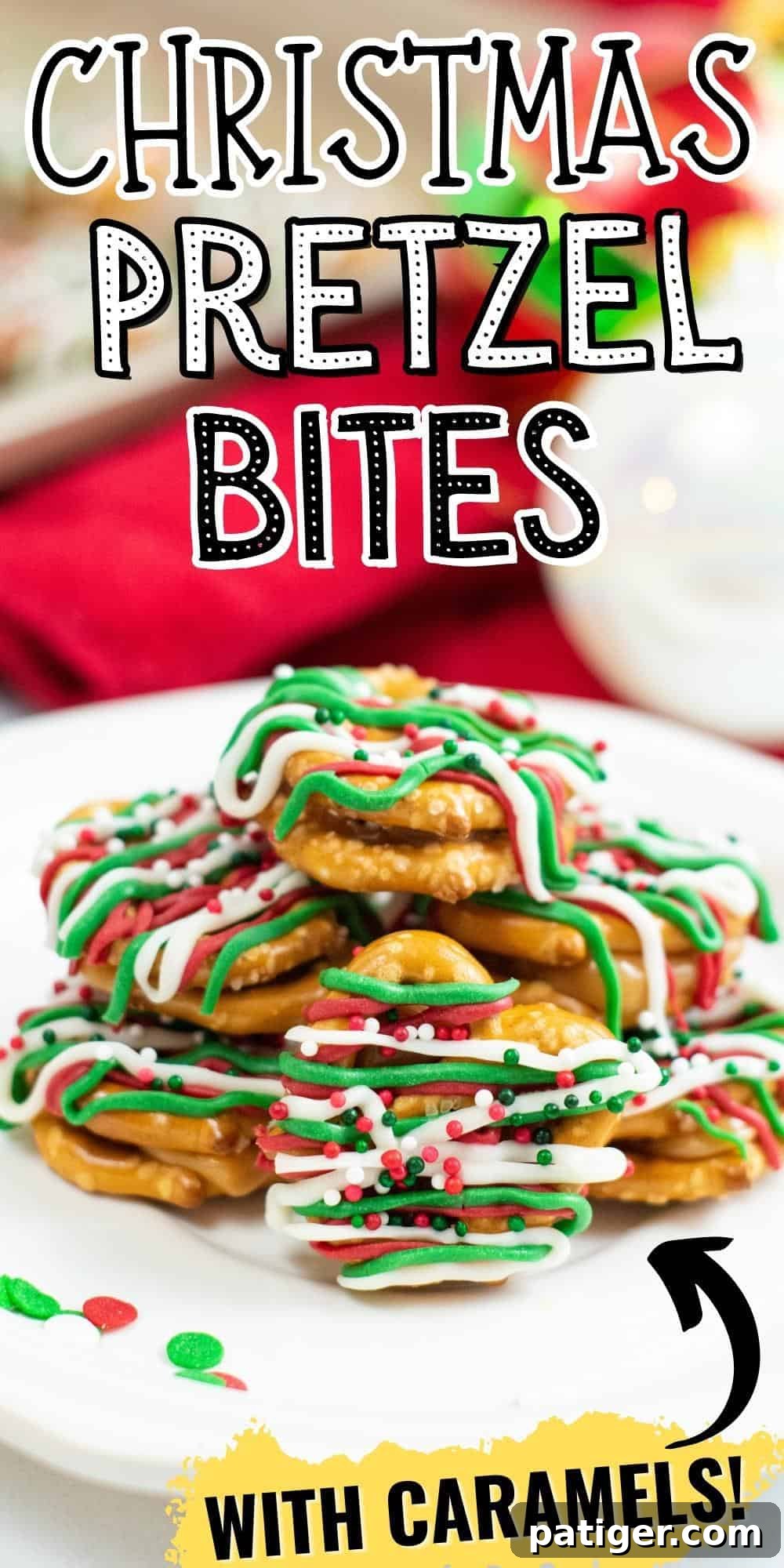 Holiday Pretzel Poppers 9 Christmas Pretzel Bites, with Caramels, beautifully arranged on a white background.