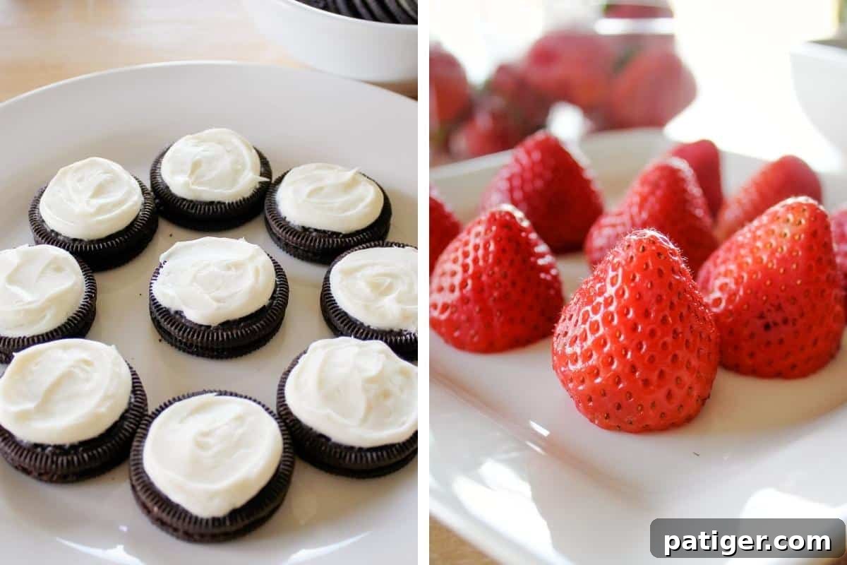 Two image collage. On left, Oreo cookies topped with vanilla icing. On right, strawberries with stew cut off.