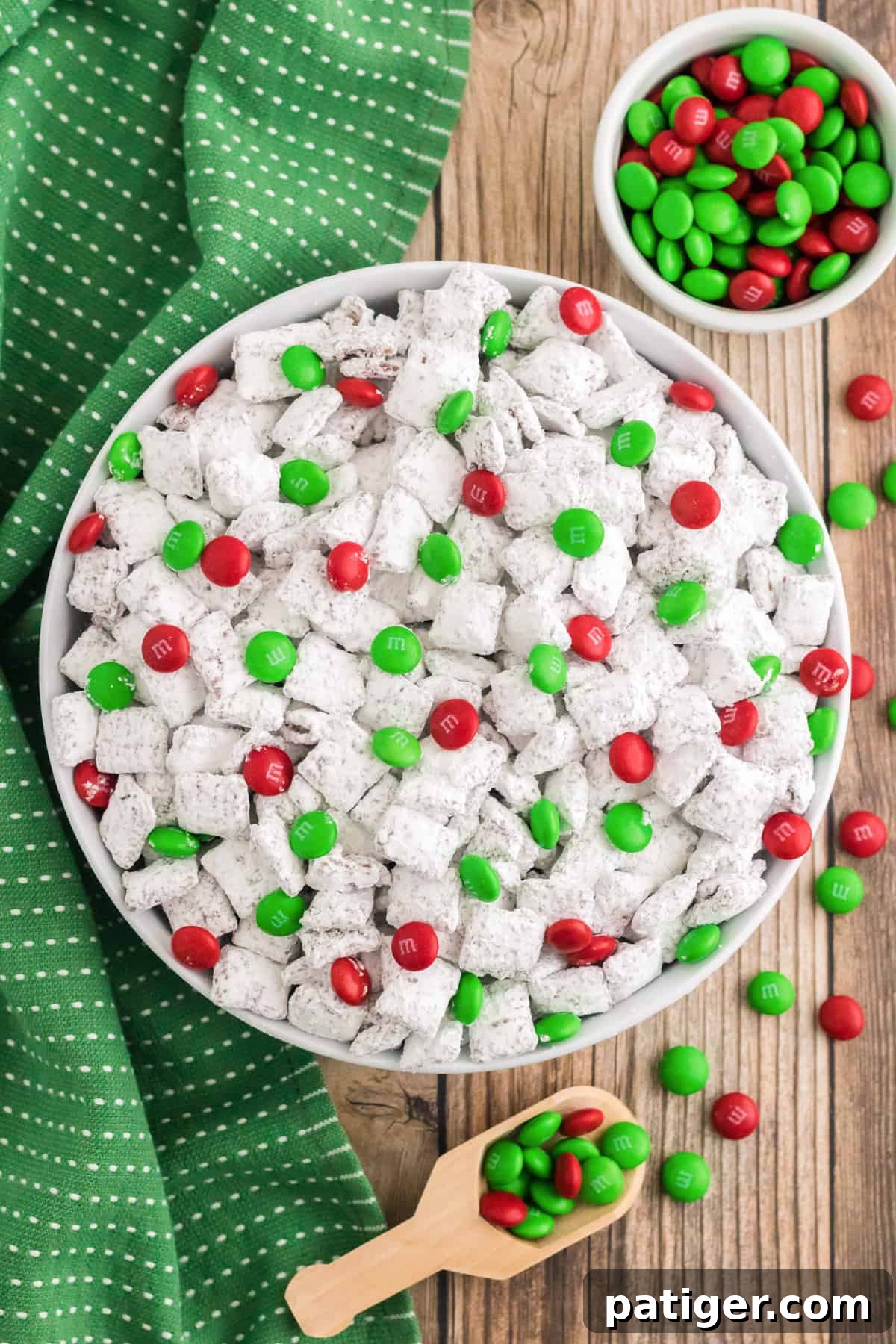 Christmas Puppy Chow aka Muddy Buddies aka Reindeer Chow with red and green M&M candies