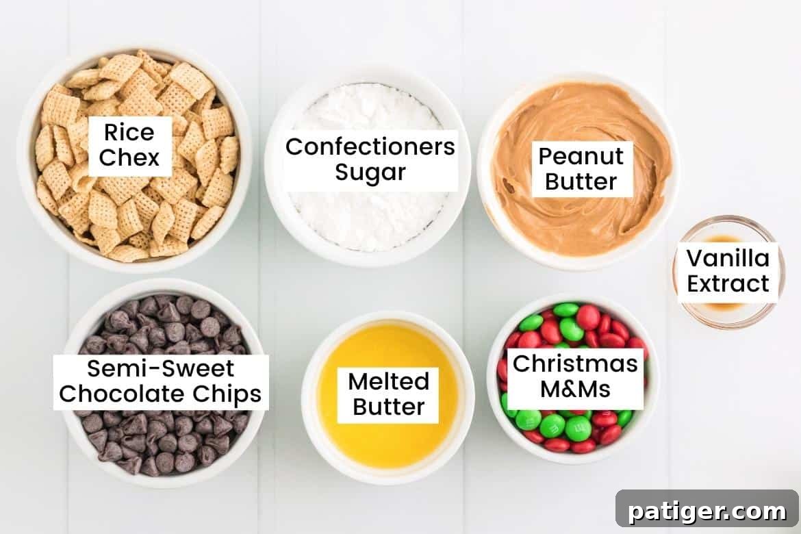 Rice Chex cereal, confectioners sugar, peanut butter, vanilla extract, Christmas M&Ms, melted butter, and semi-sweet chocolate chips in bowls on countertop