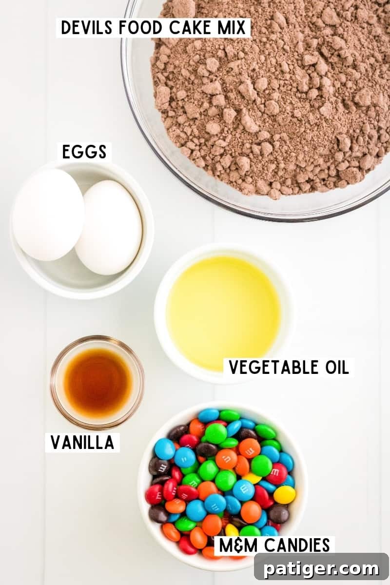 Ingredients for Chocolate M&M Cake Mix Cookies