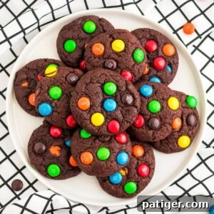 Chocolate cake mix cookies with M&Ms