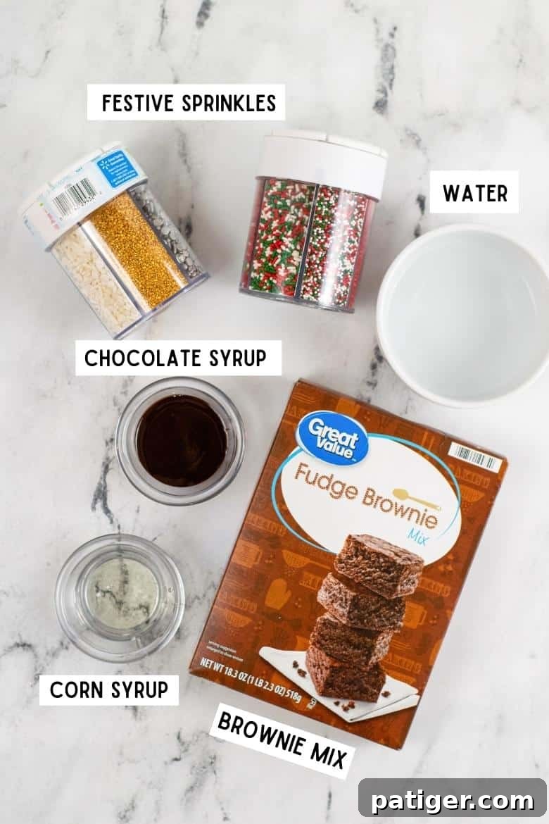 festive sprinkles, water, chocolate syrup, light corn syrup, and box of brownie mix