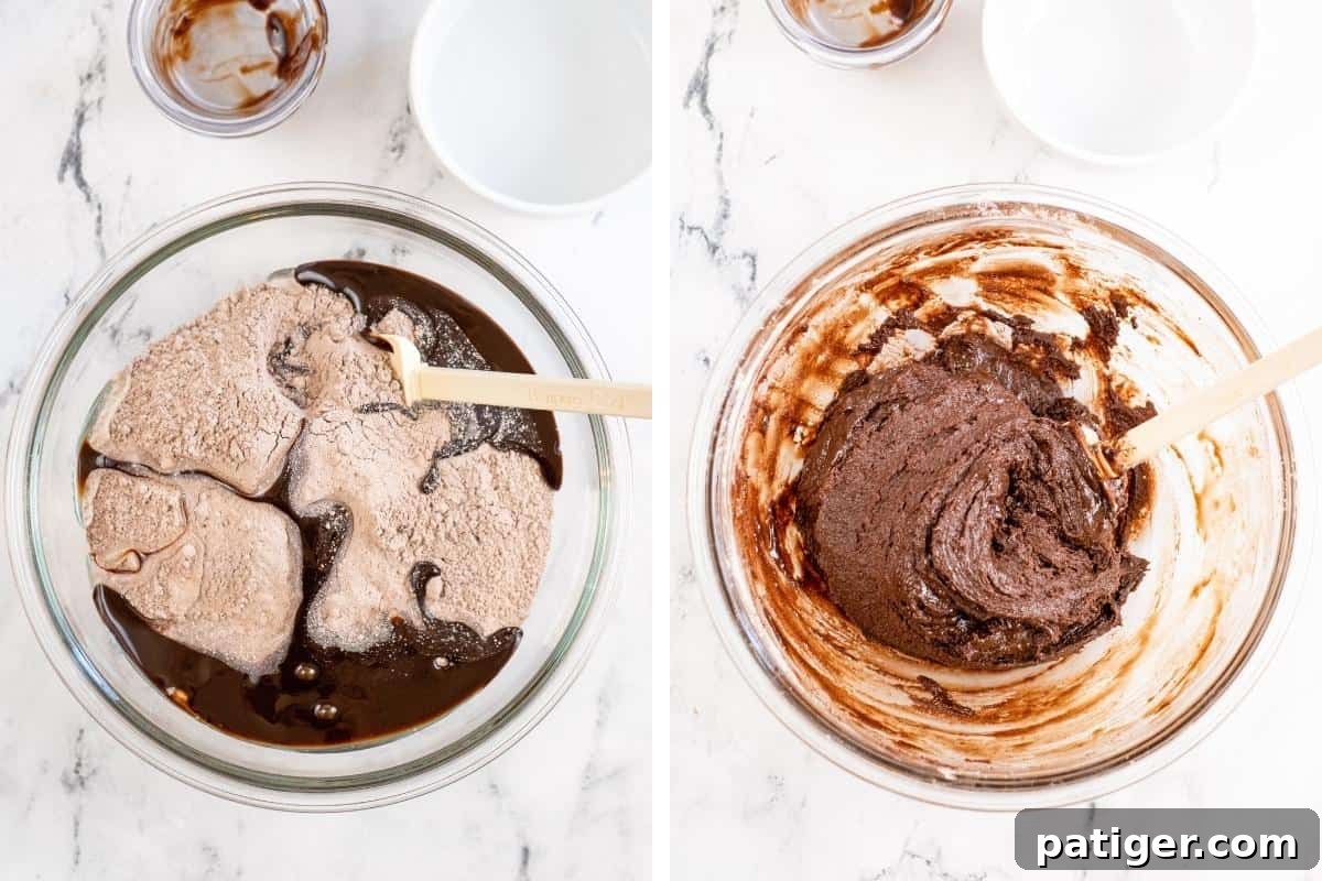 Two image collage. On left, brownie mix, water, chocolate syrup, and corn syrup poured into a bowl. On right, the ingredients combined to make brownie batter.