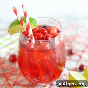 Vodka Cranberry Cocktail in a short glass with ice, fresh cranberries, and a lime wedge on the rim.