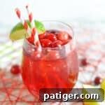 Vodka Cranberry Cocktail in short glass with ice, fresh cranberries, paper straws, and lime wedge on rim.