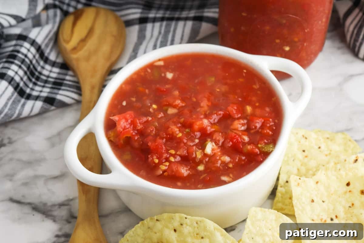 Close-up shot of vibrant Rotel salsa dip served in a rustic bowl with crispy tortilla chips, ready for dipping and enjoying.