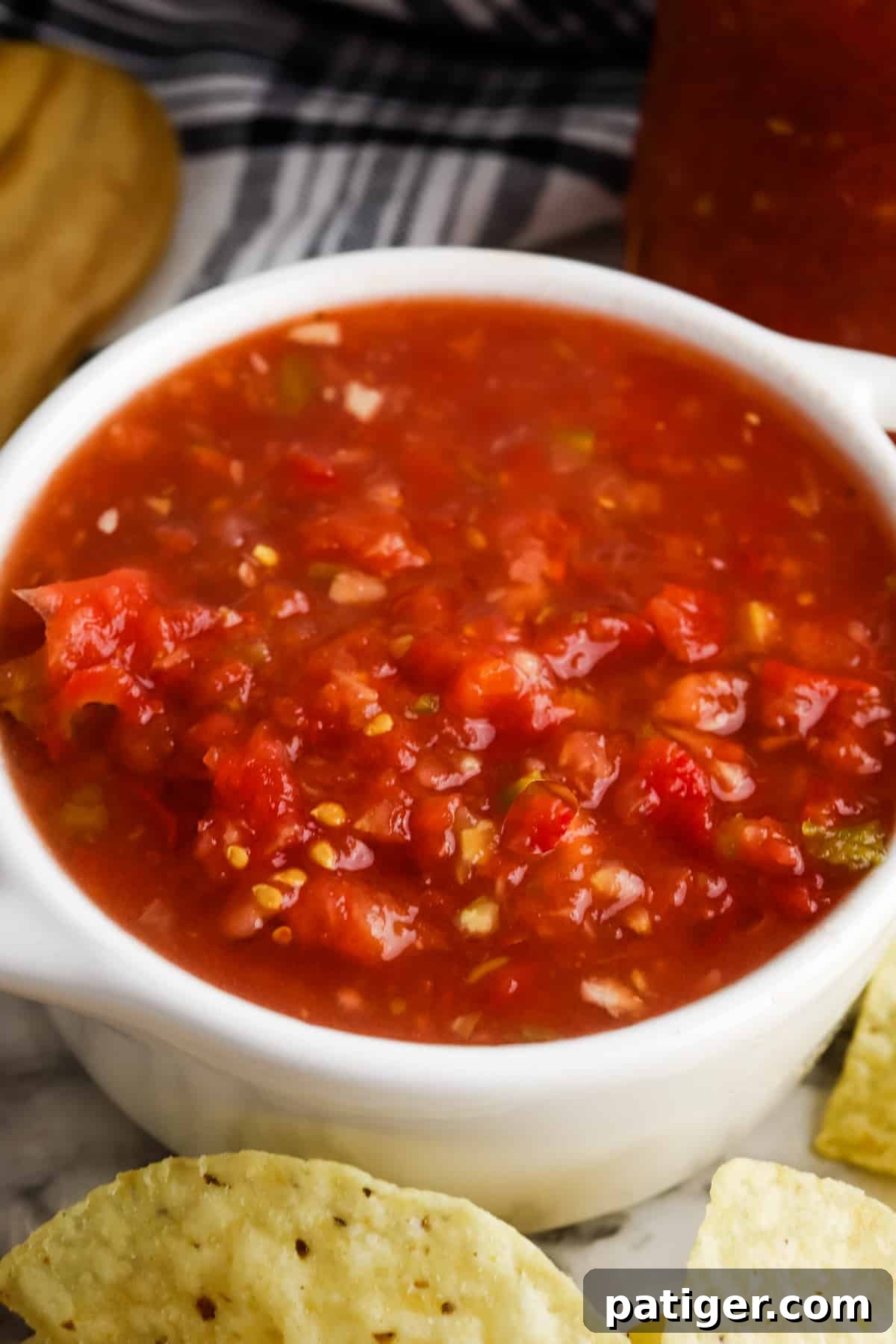 Beautifully presented Rotel Salsa in a white serving bowl, accompanied by golden tortilla chips and a textured cloth napkin, inviting a delicious homemade snack.