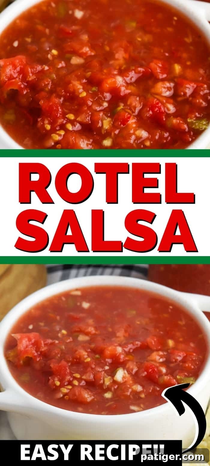 Large overhead shot of Rotel Salsa in a bowl with tortilla chips, featuring fresh ingredients in the background, promoting an easy and flavorful recipe.
