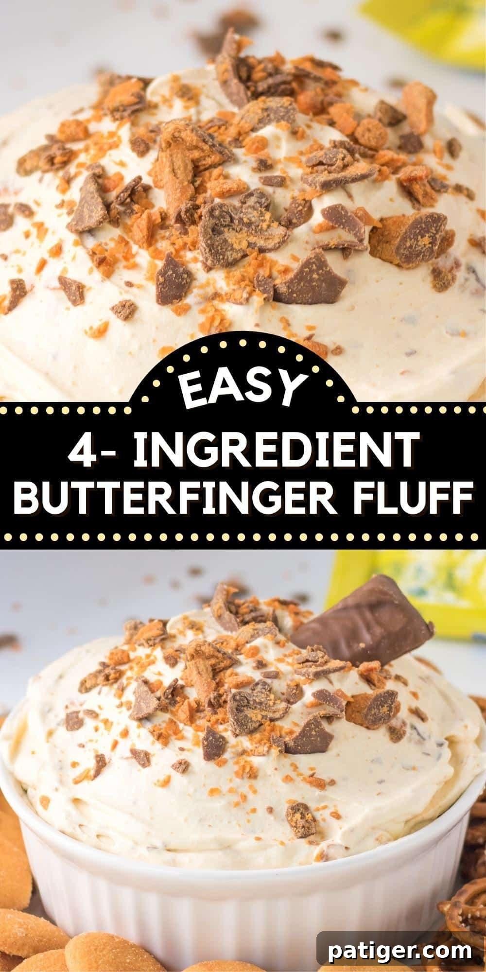 Easy 4-Ingredient Butterfinger Fluff dessert dip with various dippers, perfect for pinning.