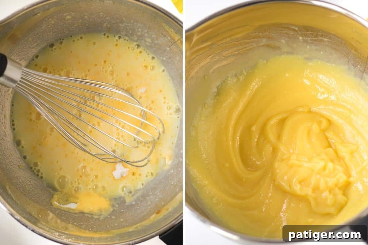 Two-image collage demonstrating step one of Butterfinger Fluff: Left shows milk, pudding mix, and a wire whisk in a large bowl. Right shows the thickened vanilla pudding ready for the next step.