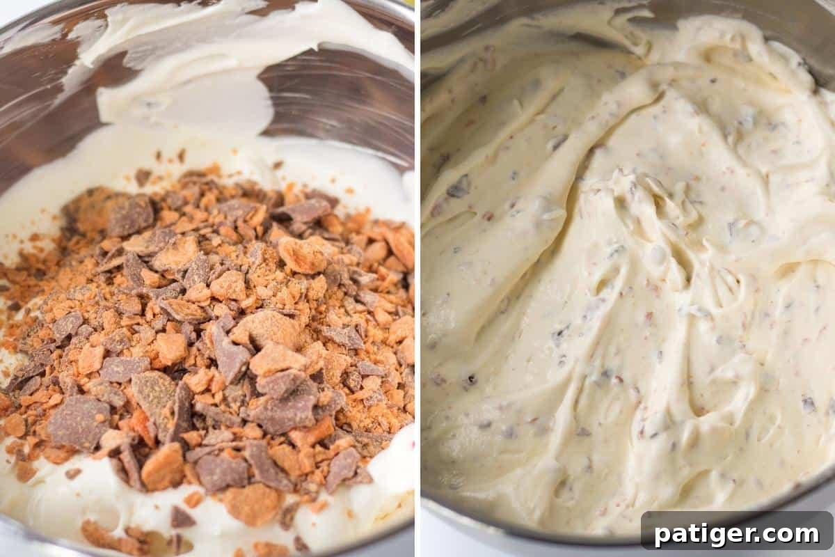 Two-image collage for step three: Left shows Butterfinger Baking Bits being added on top of the fluffy dip. Right shows the dip with the candy bits mixed in, displaying a rich texture.