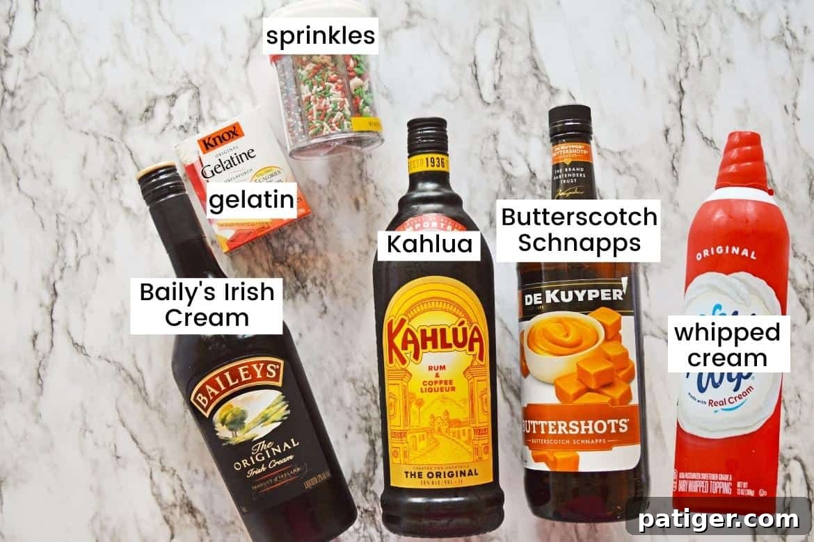 Container of Christmas sprinkles, box of Knox unflavored gelatine, bottle of Kahlua, bottle of Baileys Irish Cream, bottle of Butterscotch Schnapps, and bottle of whipped cream